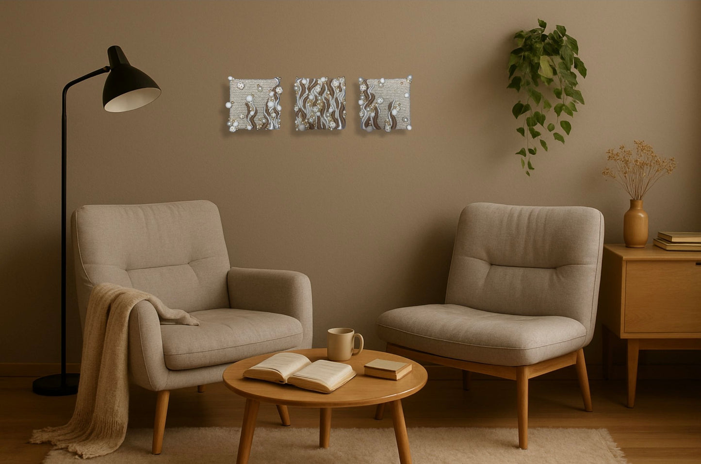 Triptyque brodé main – Ondes de sable (pièce unique, décoration murale artisanale)